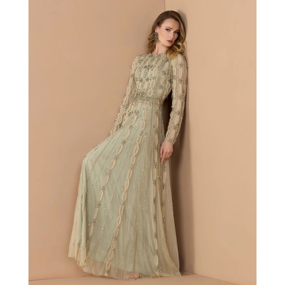 Mac Duggal NEW Embellished Mesh Long Sleeve A Line Gown Nude Sage $1,798 Size 10 - Picture 3 of 16